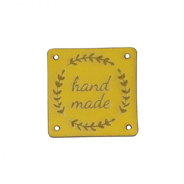 Štítok/nášivka Hand Made 3 x 3 cm horčicový